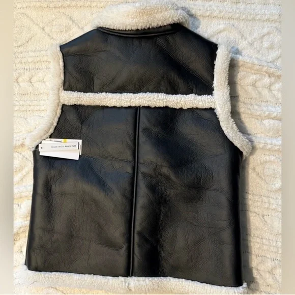 Sanctuary Black Cream Faux Sherpa Trimmed Vegan Leather Vest Medium - Picture 6 of 14